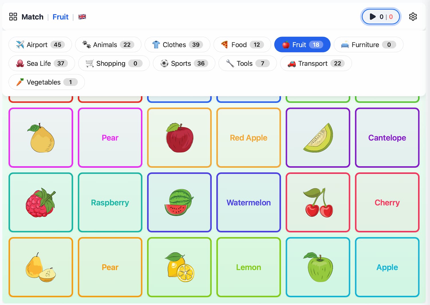 Match 2 Cards game showing the Fruit category with colourful icon-to-word matching pairs