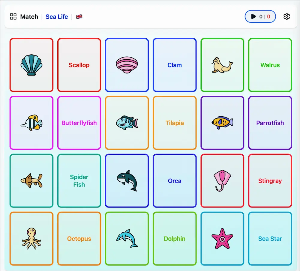 Learn phase — colour-coded icon and word pairs
